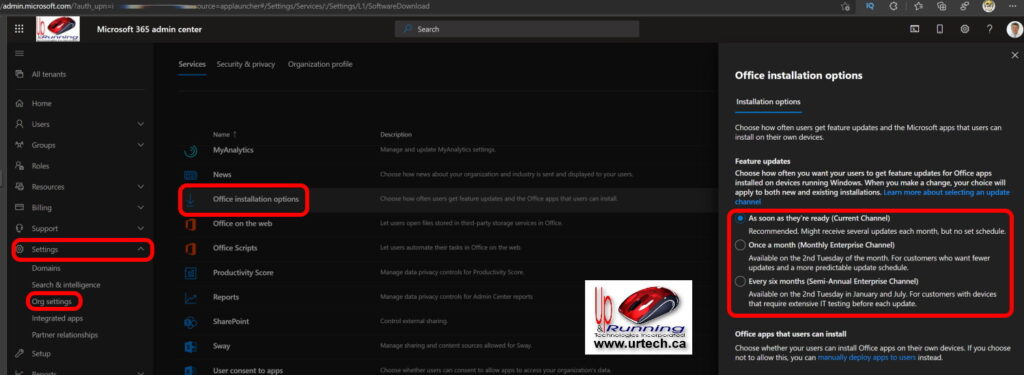 change microsoft 365 office apps channel in admin portal