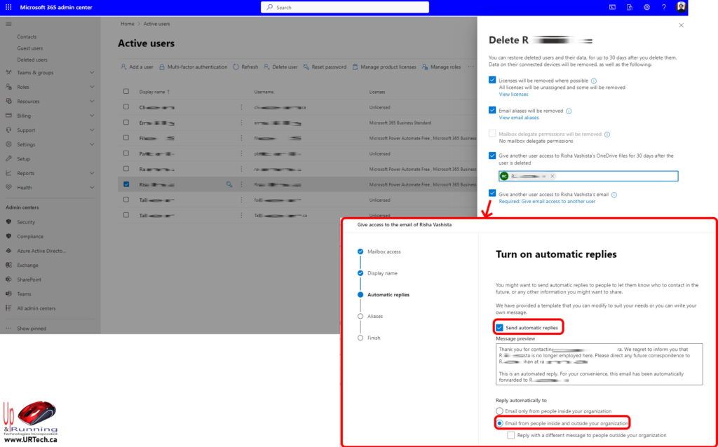 how to delete an Microsoft 365 user properly with auto reply and forward