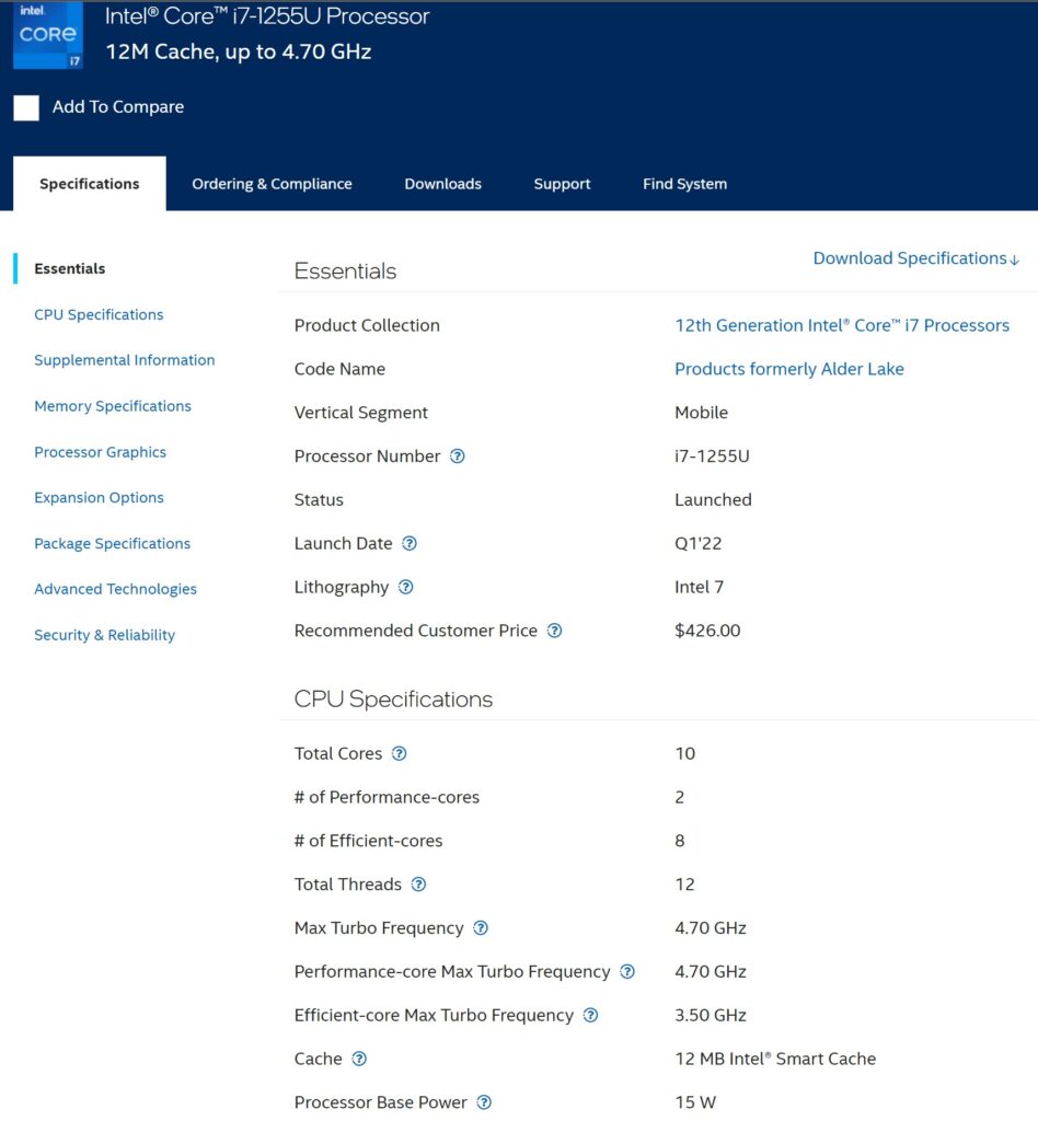 Intel i7-1255U spec sheet