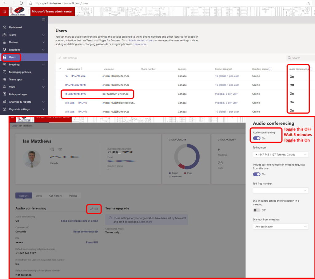 Microsoft Teams Audio Conferencing enabled toggle off on