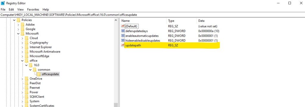 Office365ProPlus Registry Entries For Updates Using Delivery Optimization