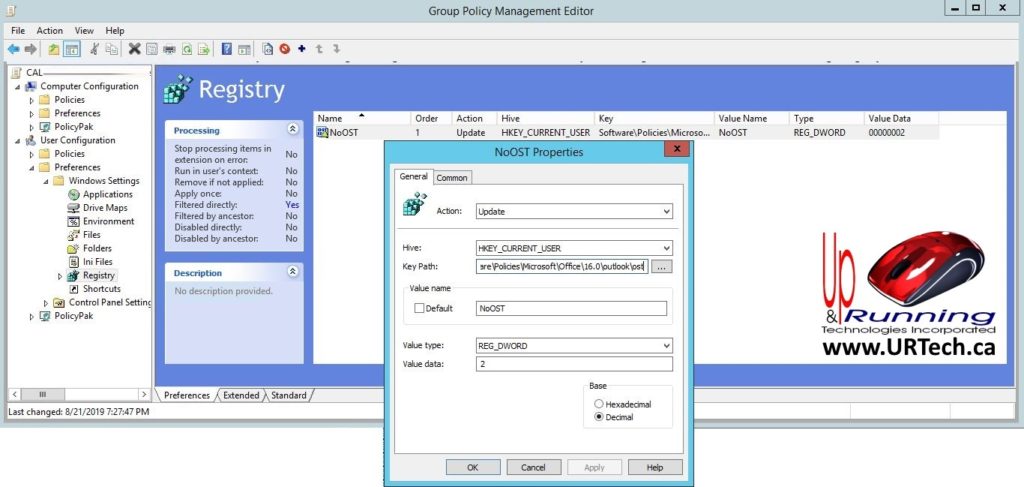 outlook cached mode disabled with level targeting gpo registry entry-details